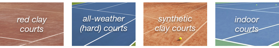 Our courts include red clay, all-weather hard, synthetic clay and indoor courts.